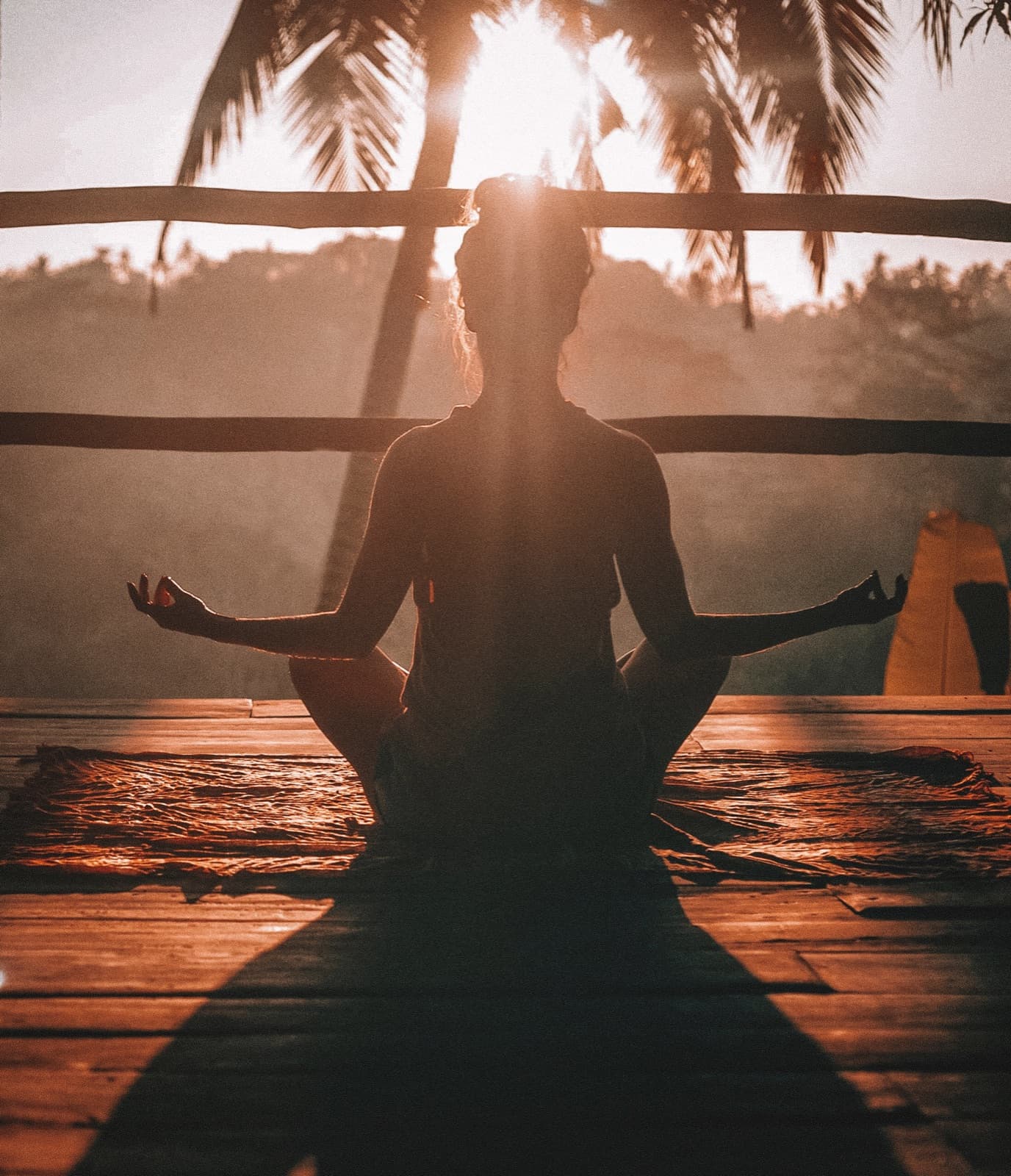 Frau in Meditationshaltung vor Palmen im Gegenlicht